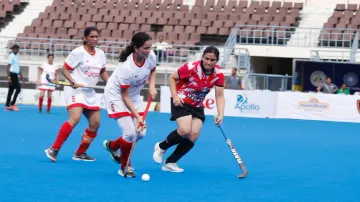 An encounter during Hockey India Women's Masters Cup 