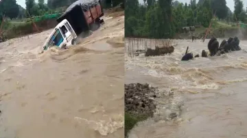 Coal-laden trailer truck swept away in floodwater in Sundargarh