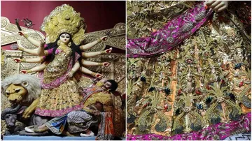 Durga idol in gold sari attracts thousands of devotees in Kolkata