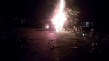 One killed in road accident; mob torches pick-up van