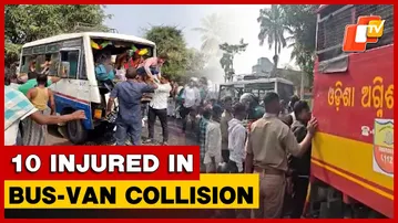 Over 10 Injured In Head-On Collision Between Bus and Pickup Van In Ganjam