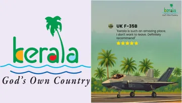 Viral Kerala Tourism advertising post showing a British F-35B jet "reviewing" God's Own Country