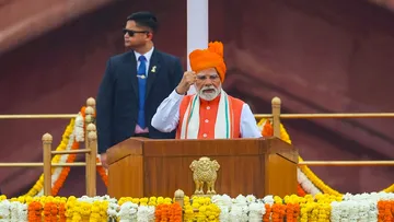Prime Minister Narendra Modi addresses the nation from the Red Fort on the occasion of the 79th Independence Day, in New Delhi, Friday, Aug. 15, 2025.