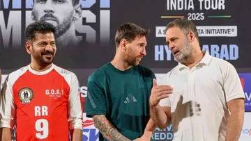 Rahul Gandhi, Telangana Chief Minister Revanth Reddy with Argentine footballer and 2022 FIFA World Cup winning captain Lionel Messi during an event as part of the 'GOAT India Tour 2025', in Hyderabad on Saturday, December 13, 2025.