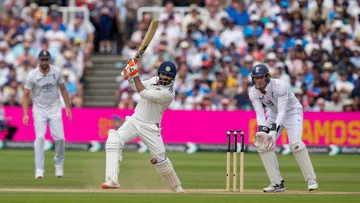 Ravindra Jadeja plays a shot during the fifth day of the third test cricket match between India and England, at the Lord's Cricket Ground, in London, Monday July 14, 2025.