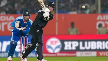 New Zealand’s Mark Chapman plays a shot during the fourth T20I cricket match against India at ACA-VDCA Cricket Stadium, in Visakhapatnam, Andhra Pradesh, Wednesday, Jan. 28, 2026.
