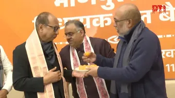 Former Manipur chief minister N Biren Singh congratulates Y Khemchand Singh on being elected BJP Legislative Party Leader in Imphal on Tuesday, Feb 3, 2026.