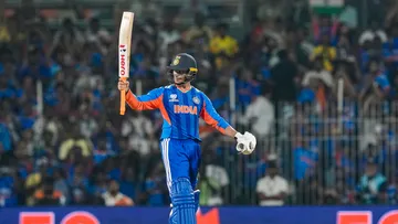 Abhishek Sharma celebrates his half century during an ICC Men's T20 World Cup 2026 cricket match between India and Zimbabwe, at the MA Chidambaram Stadium, in Chennai, Thursday, Feb. 26, 2026.