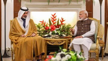 Prime Minister Narendra Modi with Abu Dhabi's Crown Prince Sheikh Khaled bin Mohamed bin Zayed Al Nahyan during a meeting at the Hyderabad House, in New Delhi, Monday, Sept 9, 2024.