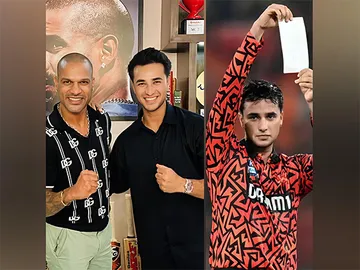 Abhishek Sharma &amp; Shikhar Dhawan (L) and Abhishek Sharma celebrating his ton in IPL 2025 (R). (Photo: Shikhar Dhawan X /IPL)