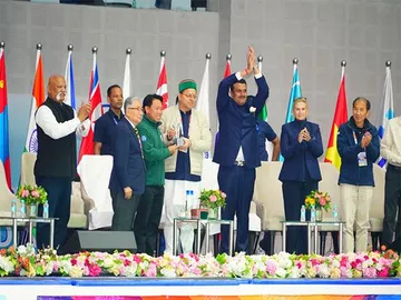 M Pushkar Singh Dhami presents trophy to Thailand at Dehradun Ice Skating event (Photo: ANI)