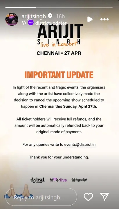 Singer Arijit Singh cancelled his Chennai concert