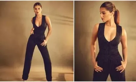 Tara Sutaria looks sharp and edgy in pinstriped waistcoat and trousers as she promotes Heropanti 2