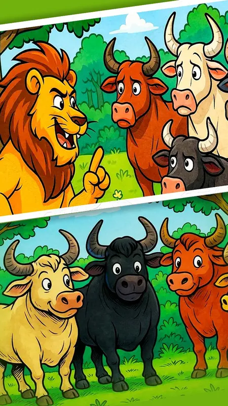 शेर की चालाकी और बैलों की एकता (The Lion’s Trick and the Unity of the Bulls)