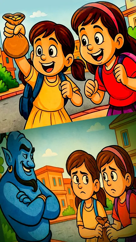 दो लड़कियाँ और सोने के सिक्कों की थैली - A Magical Adventure Story for Kids