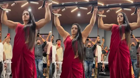 Woman Works Out in a Sari at the Gym (1)