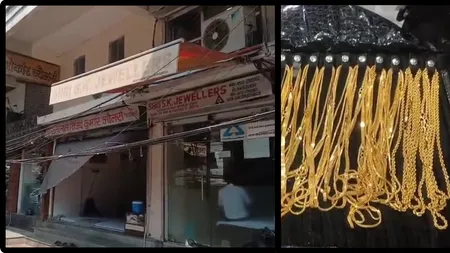 कानपुर के सराफा बाजार में पचरा सन्नाटा (बाएँ), कानपुर के सराफा बाजार की दुकान पर रखीं सोने की चेन (दांए)