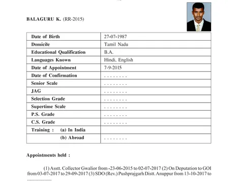 Service record of Balaguru K