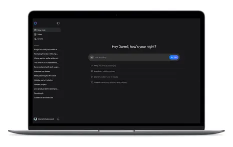Laptop screen showing Meta AI app UI with the prompt, "Hey Darrell, how's your night?"