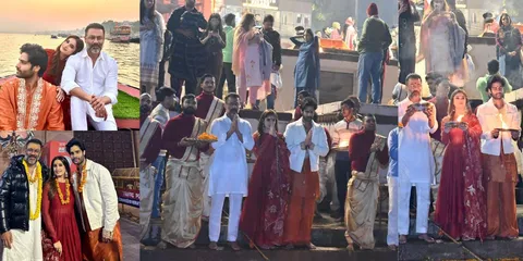 Aaman Devgan and Rasha Thadani along with director Abhishek Kapoor Experience the Enchanting Ganga Aarti in the Spiritual Heart of Varanasi!