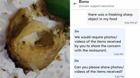 Customer Finds Sharp Object in Zomato Order, Alleges Customer Care Used Copy-Paste Responses During Conversation