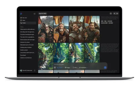 Laptop screen showing various edits of two images in the Meta AI app. One is a viking on a boat and the other is a child on a train.