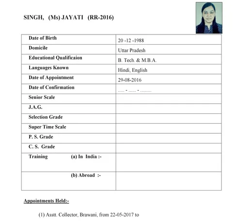 Service record IAS Jayati Singh