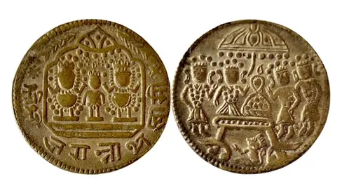 Indian Religious Hindu Temple Token ; Ramatanka Jagannath Puri, 1800-1947  AD, Weight ; 8.7 grams, Diameter ; 28 mm, Obverse ; (From Left to Right)  Lord Balabhadra, Subhadra and Jagannath seated in