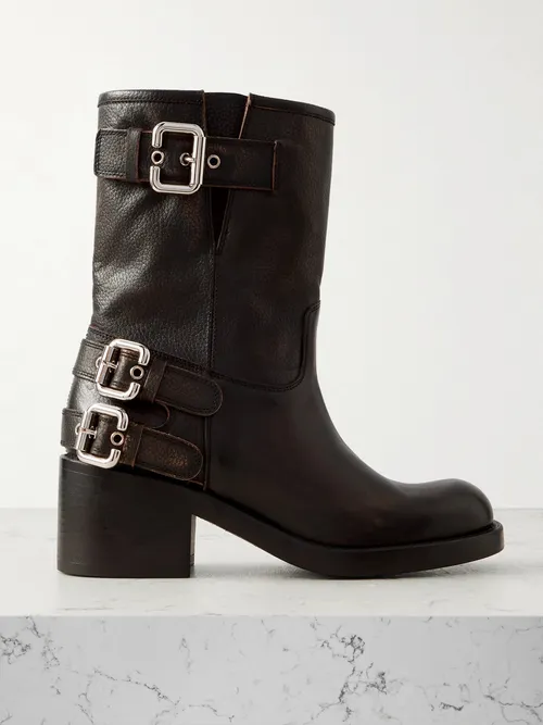 Buckled Textured-Leather Ankle Boots