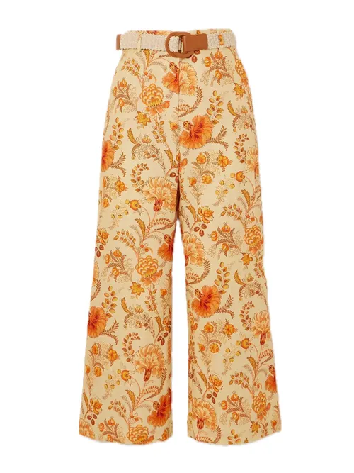 Junie Belted Cropped Floral-Print Linen Wide-Leg Pants