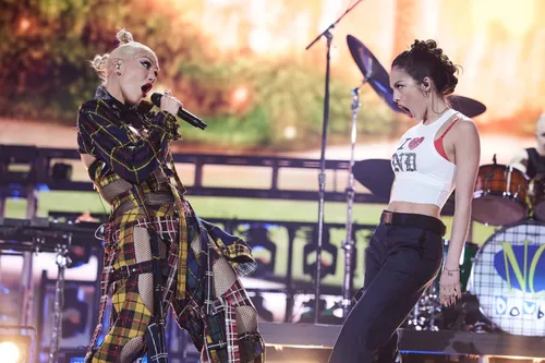 Gwen Stefani of No Doubt and Olivia Rodrigo perform at the Coachella Stage during the 2024 Coachella Valley Music and Arts Festival at Empire Polo Club on April 13, 2024