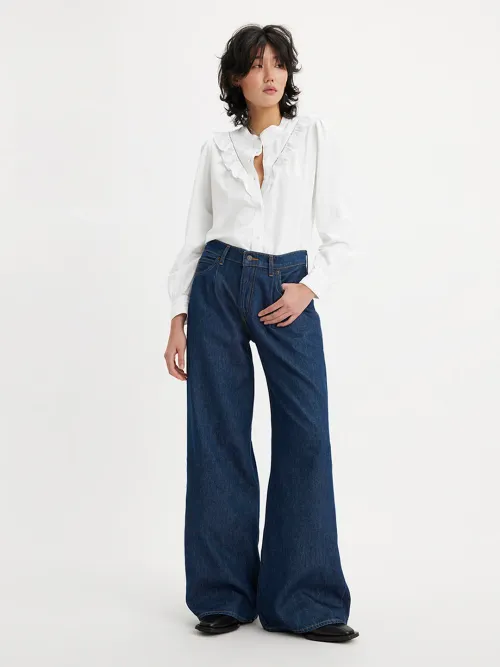 WOMEN'S NAVY BLUE BAGGY DAD WIDE LEG FIT HIGH RISE JEANS