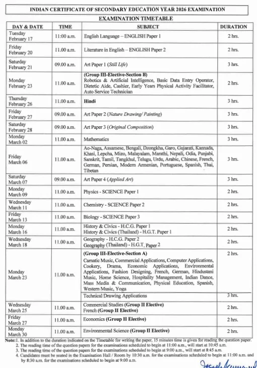 ICSE Time Table 2026