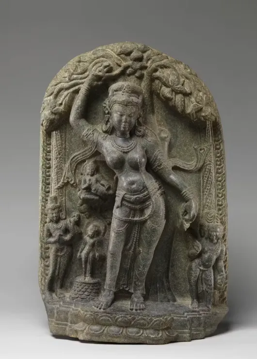The future Buddha Siddhartha being born from Maya’s right side as she stands, holding the tree. India, 11th century C.E. Collection of the Metropolitan Museum of Art. Purchase, Gift of Dr. Mortimer D. Sackler, Theresa Sackler and Family, and Joseph Pulitzer Bequest, 2007