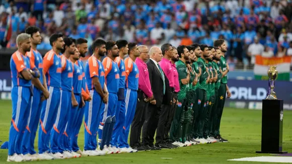 Asia Cup: India and Pakistan players line up for the national anthem. (AP)