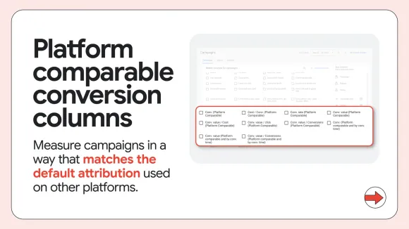 Google Ads metrics interface showing several platform comparable conversion columns available for selection.