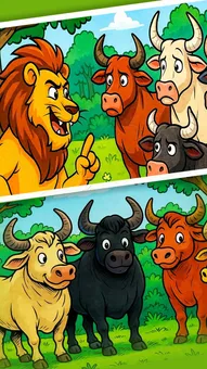 शेर की चालाकी और बैलों की एकता (The Lion’s Trick and the Unity of the Bulls)