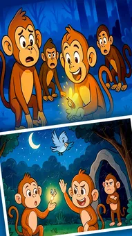 मज़ेदार जंगल कहानी - मूर्ख बन्दरों और जुगनू की कहानी