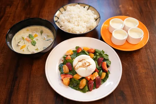 Burrata Salad, Veg Thai Curry And Baked Yogurt
