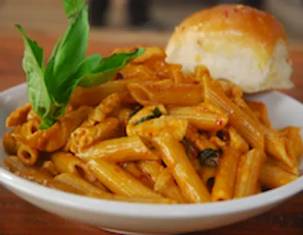 Chicken Red Curry Pasta with Lemon Chilli Bread   