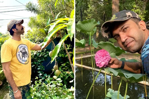 Subrat Kumar Nath next to the Miyazaki mango tree (left) and with Sahasradala Padmam lotus (right)