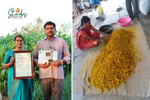 Anita and Sanjay Ghogare on their farm (left) and dried turmeric roots (right)