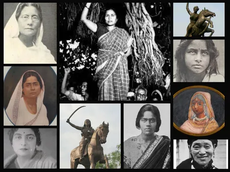 From top (left): Matangini Hazra, Godavari Parulekar, Jhalkari Bai, Suniti Chaudhary,  Baiza Bai Scindia, Rani Gaidinliu, Pritilata Waddedar, Kittur Chennamma, Tara Rani Srivastava and Basanti Devi