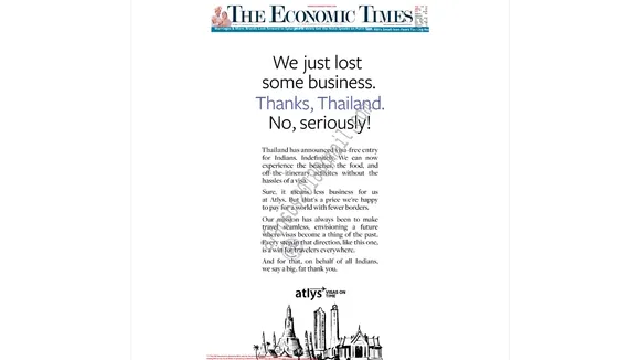Atlys thanks Thailand for visa-free entry policy extension; acknowledges business impact in a print ad