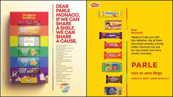 Britannia Good Day's 'Flavours of Equality' Pride Month ad alongside Parle's acceptance, showcasing India's leading biscuit brands uniting for LGBTQ+ inclusivity and brand allyship.