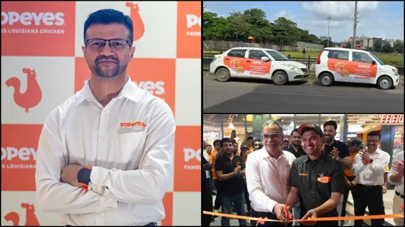 Gaurav Pande, the business head of Popeyes in India, is seen on the left. On the right, top, are two cars with Popeyes' "Bucket on Top" advertising campaign.