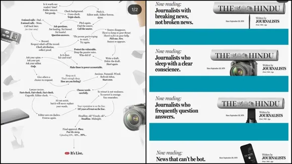 Image 1: The Hindu Editorial Process Infographic A detailed infographic from The Hindu's recent ad campaign, outlining the meticulous 147-year-old editorial process. The print ad serves as a powerful "map" of the newsroom, showcasing how human journalism and verification combat fake news and the rise of generative AI.
