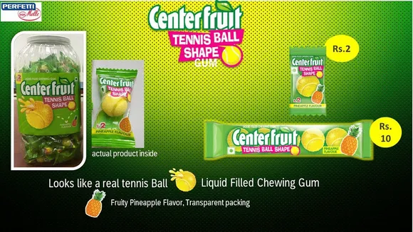 Center Fruit serves tennis ball-shaped chewing gum in transparent packaging