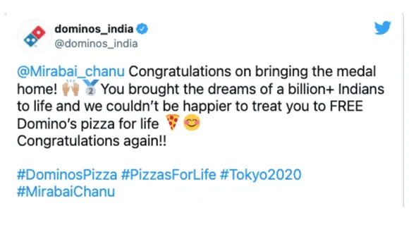 Olympic champion Mirabai Chanu wins Silver medal and free Domino's Pizza for life