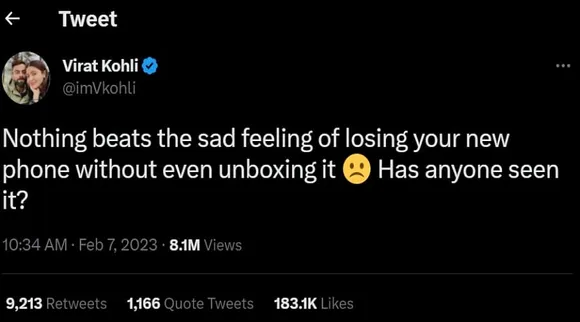 Virat Kohli's 'phone loss' tweet attracts witty responses from brands